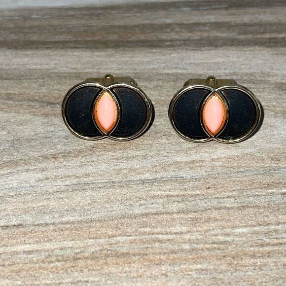 Vintage Anson Cufflinks Art Deco Revival Men’s Gold Tone Black And Coral Classic - Picture 1 of 8
